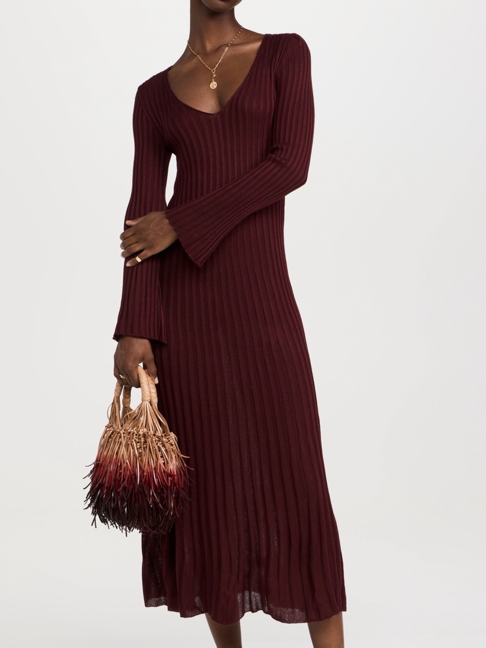 Dress TO Ribbed V-Neck Long Sleeve Midi Dress - Burgundy